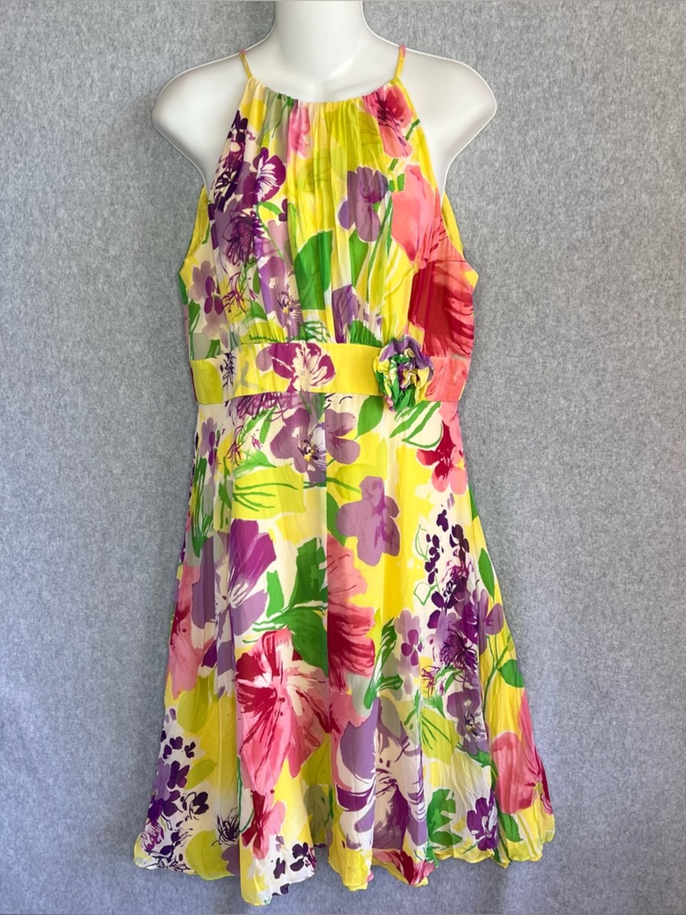 Madison Silk Floral Kentucky Derby Dress Halter Fit & Flare Sz 12 Yellow Y2K